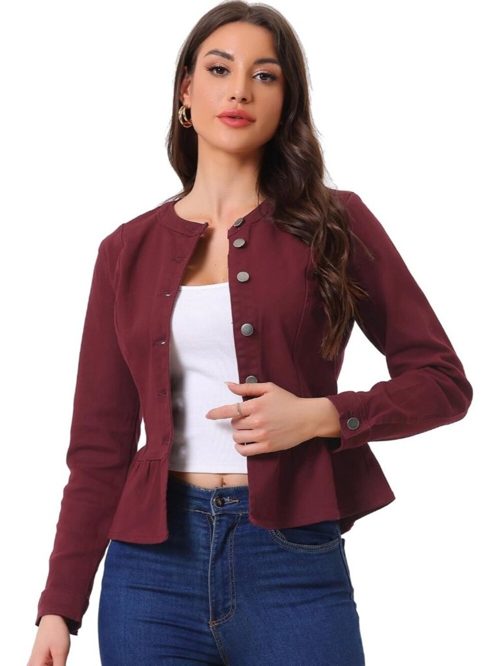 Women's Red Denim Collarless Round Neck Button Down Cropped Ruffle Hem Jacket